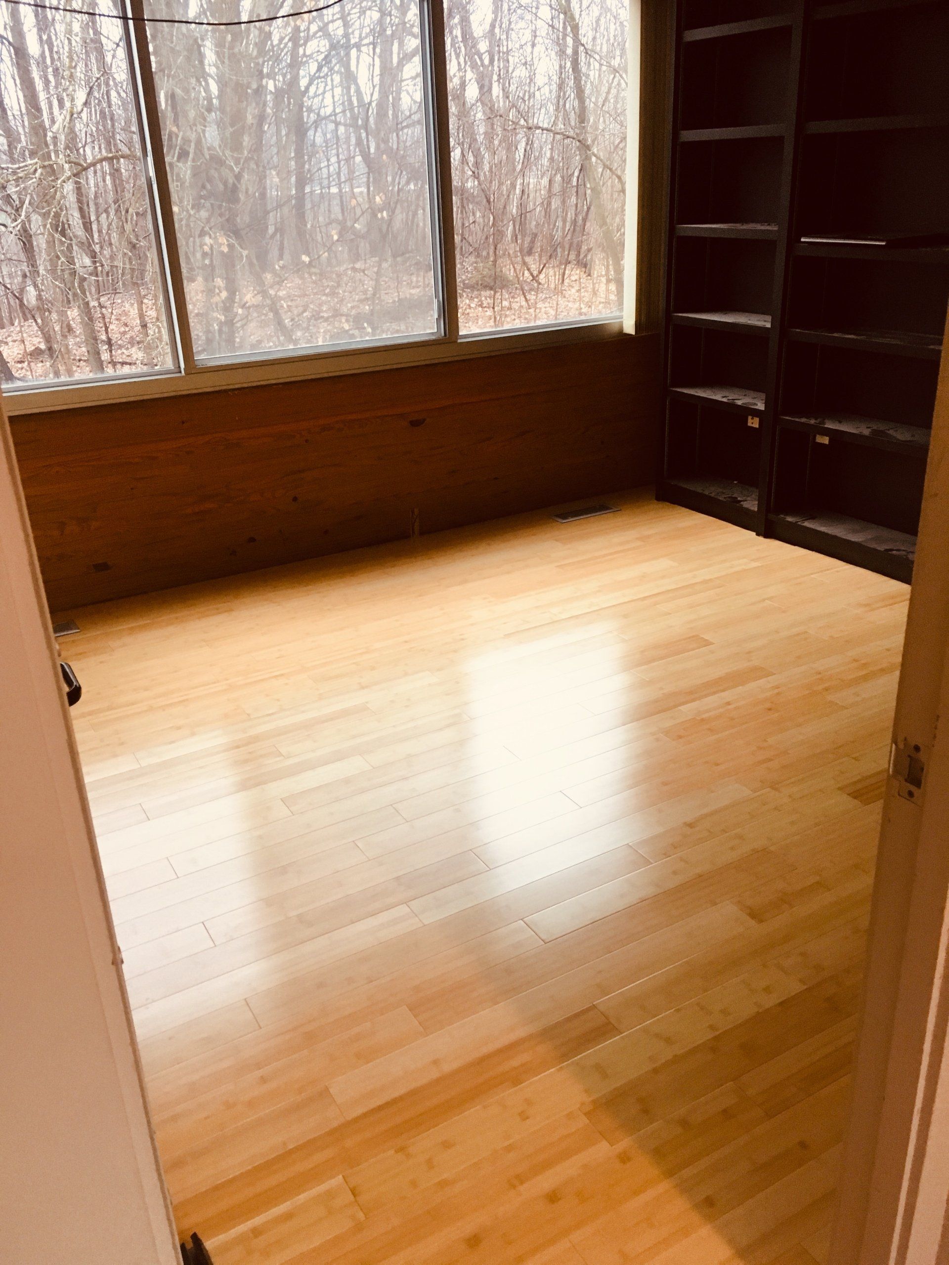 Empty wood-floored room with built-in shelves and large windows overlooking bare trees