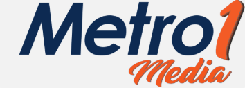 Logo for Metro 1 Media in blue and orange.