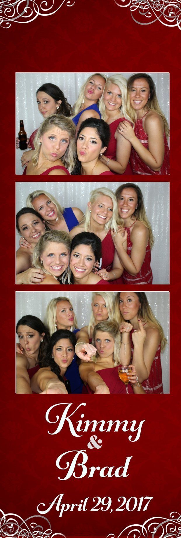 Photo booth strip of women at a wedding. Red background with