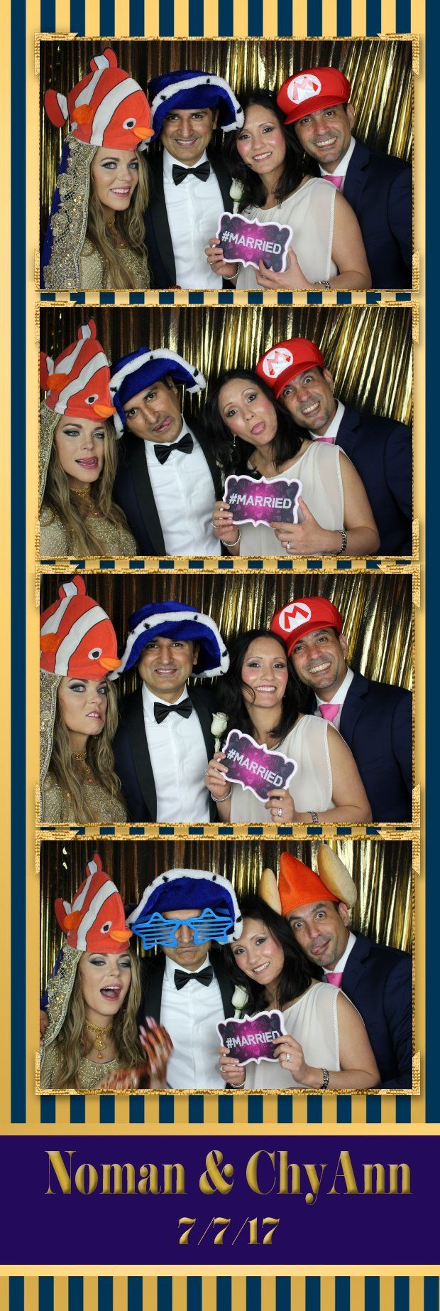Photo booth strip with four images of four people posing with props and smiling at a wedding.