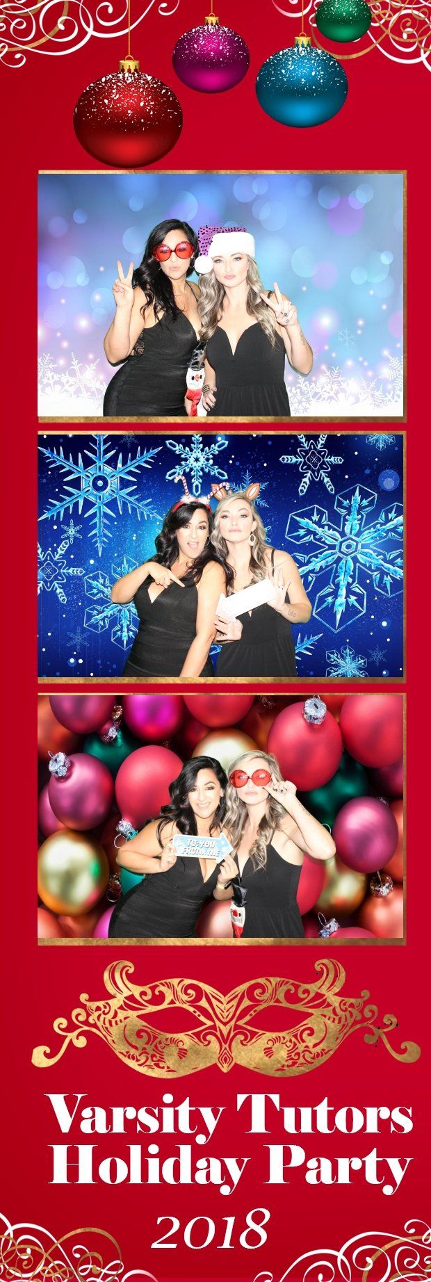 Three photo booth strips from Varsity Tutors holiday party. Two women in each strip posing in front of festive backgrounds. Red background.