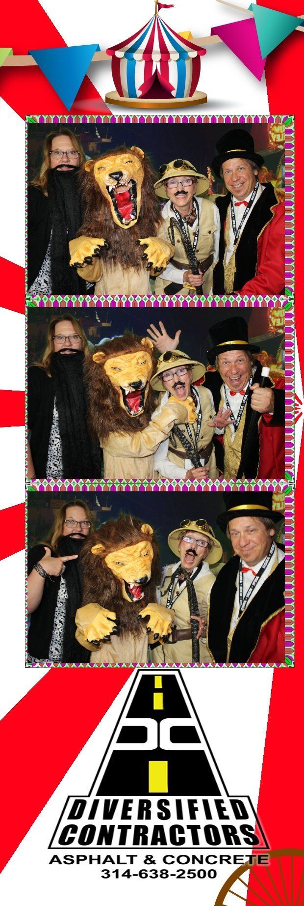 A photo strip featuring people dressed as characters from The Wizard of Oz in a circus themed setting.
