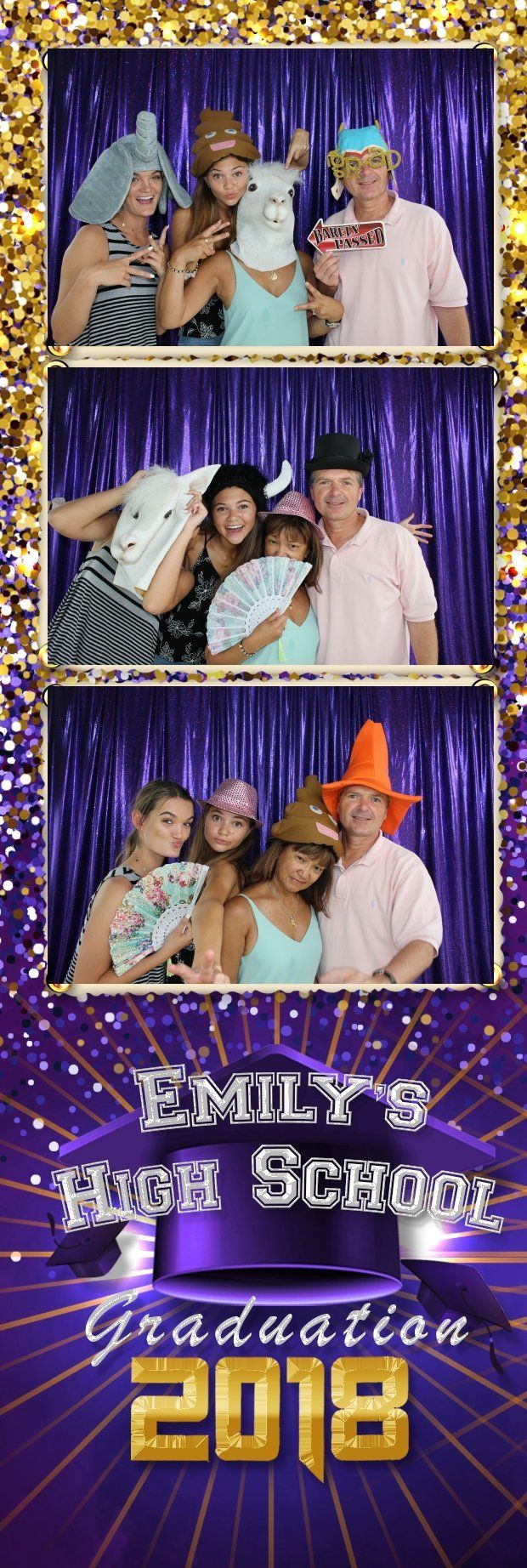 Photo booth strip: People in silly hats at a graduation. Purple background with graduation details.