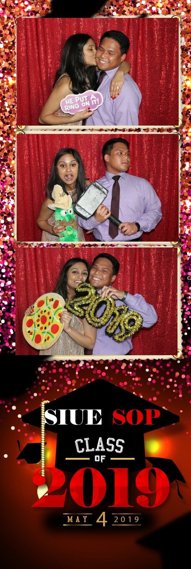 Photo booth strip: Couples posing with props in front of a red curtain. Text: SIUE SOP CLASS OF 2019.