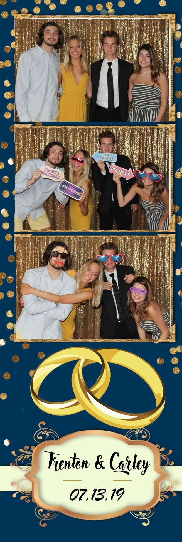 Photo booth strip with four panels: groups of people pose in front of a gold backdrop; gold rings, names, and date on bottom.