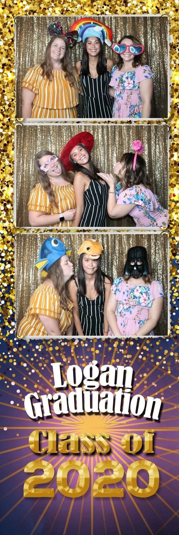Photo booth strip: three groups of women posing with props for a graduation. Gold background with