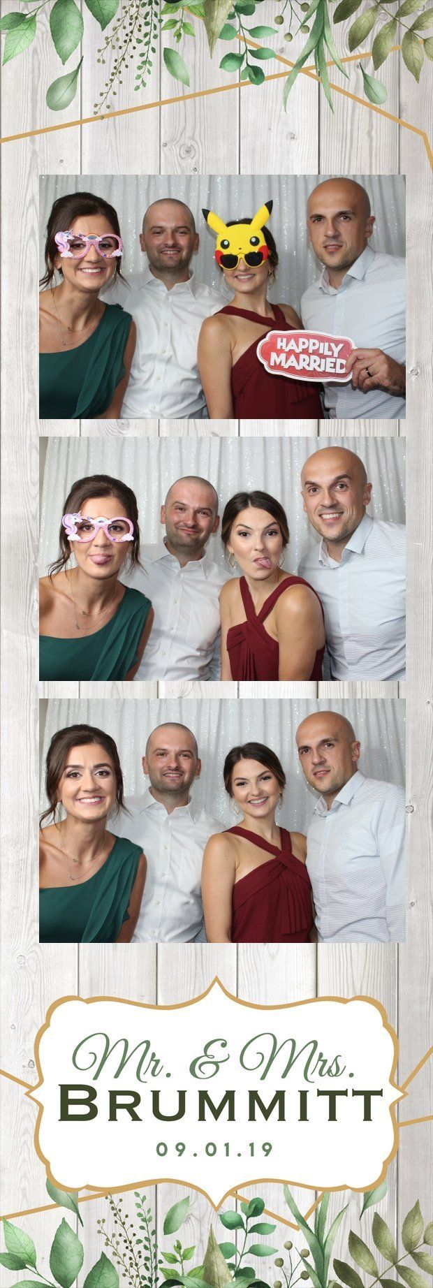 Photo booth strip with three panels featuring a wedding party. Includes names