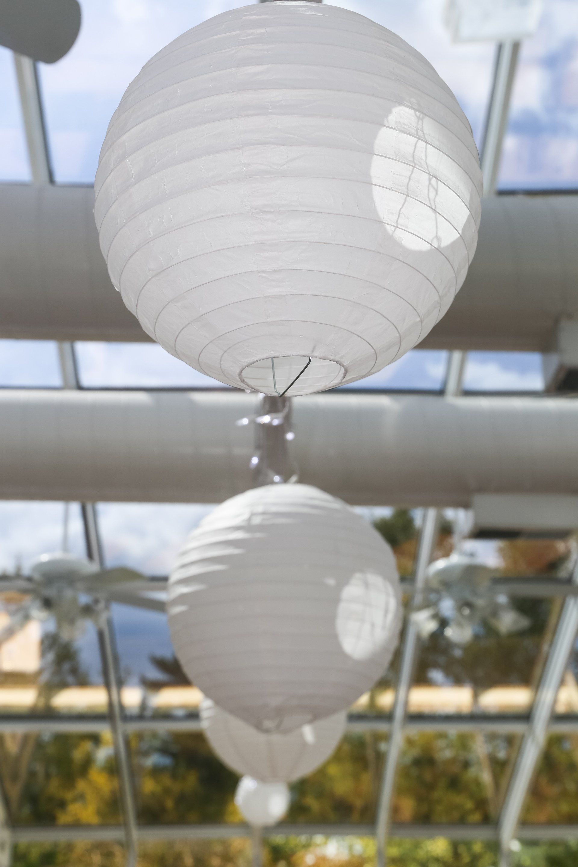 Three white paper lanterns hanging from a glass ceiling, blurry background.