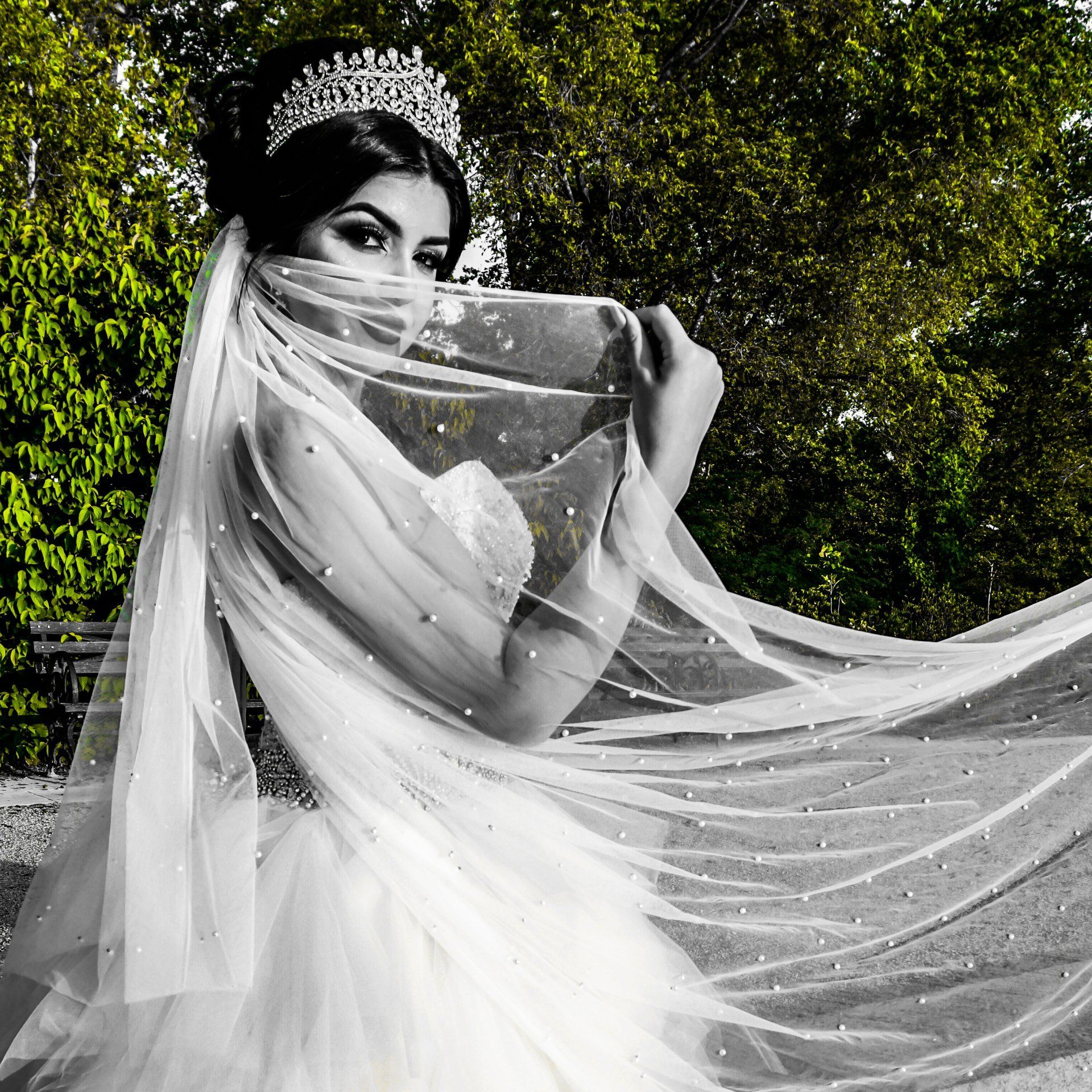 Bride in a white dress and veil with a tiara, holding the veil up, with green foliage in the background.