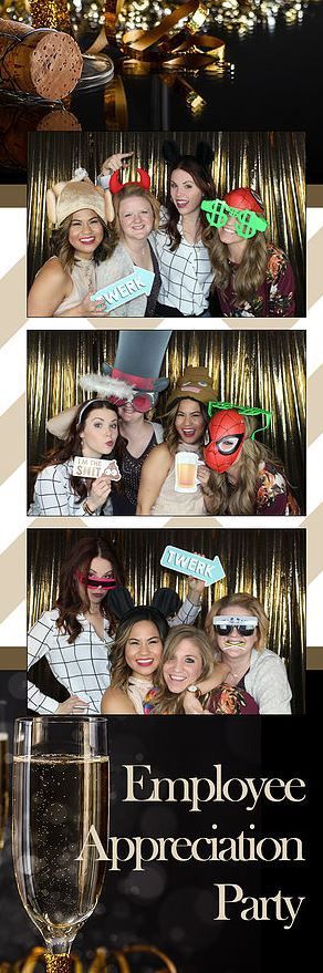Photo strip from an Employee Appreciation Party with groups of people in a photo booth wearing party props.