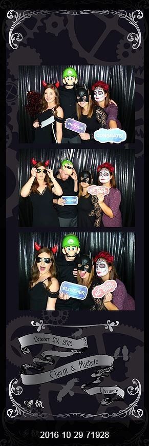 Photo booth strip: four costumed people. Devil horns, green mask, eye makeup, holding props, against dark background.