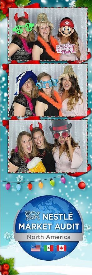 Photo booth strips with people wearing props at a Nestle Market Audit event.