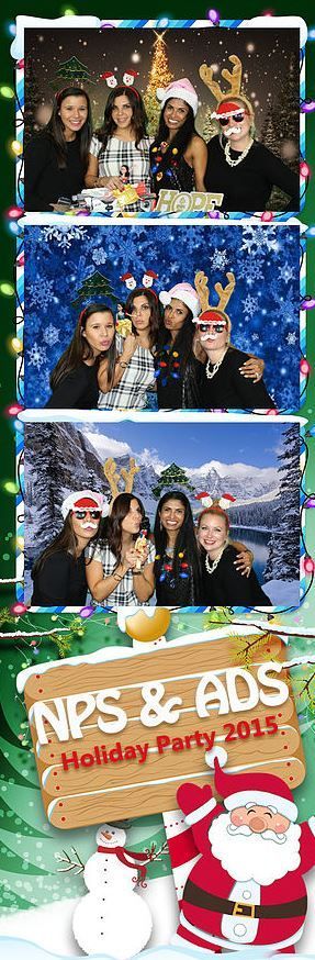 Photo booth strip: four women in festive attire posing with props at a holiday party. Snowy and festive backgrounds.
