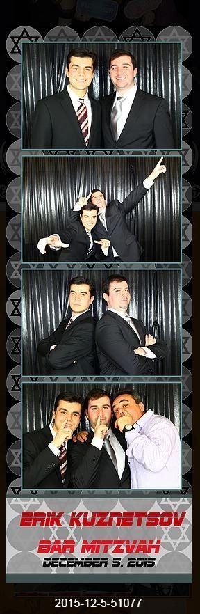 Photo booth strip of four photos at a Bar Mitzvah. Men in suits pose, one pointing, others shushing.