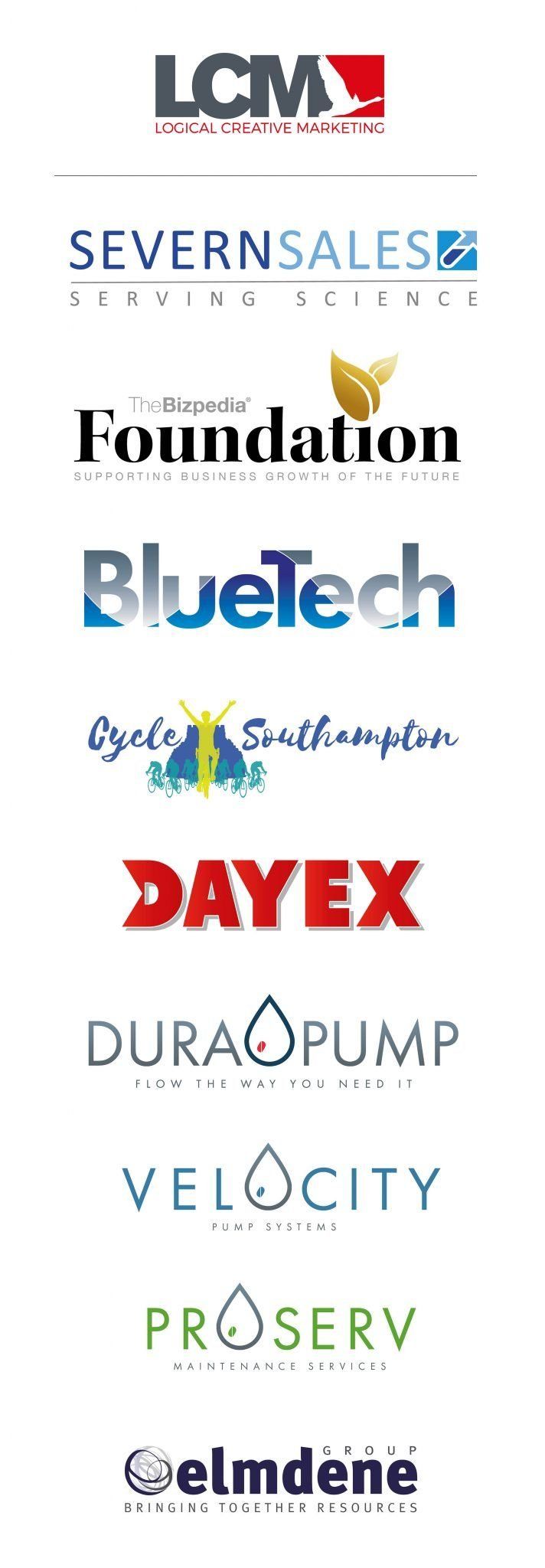 Client logos including LCM, SevernSales, BlueTech, DayEx and Elmdene Group