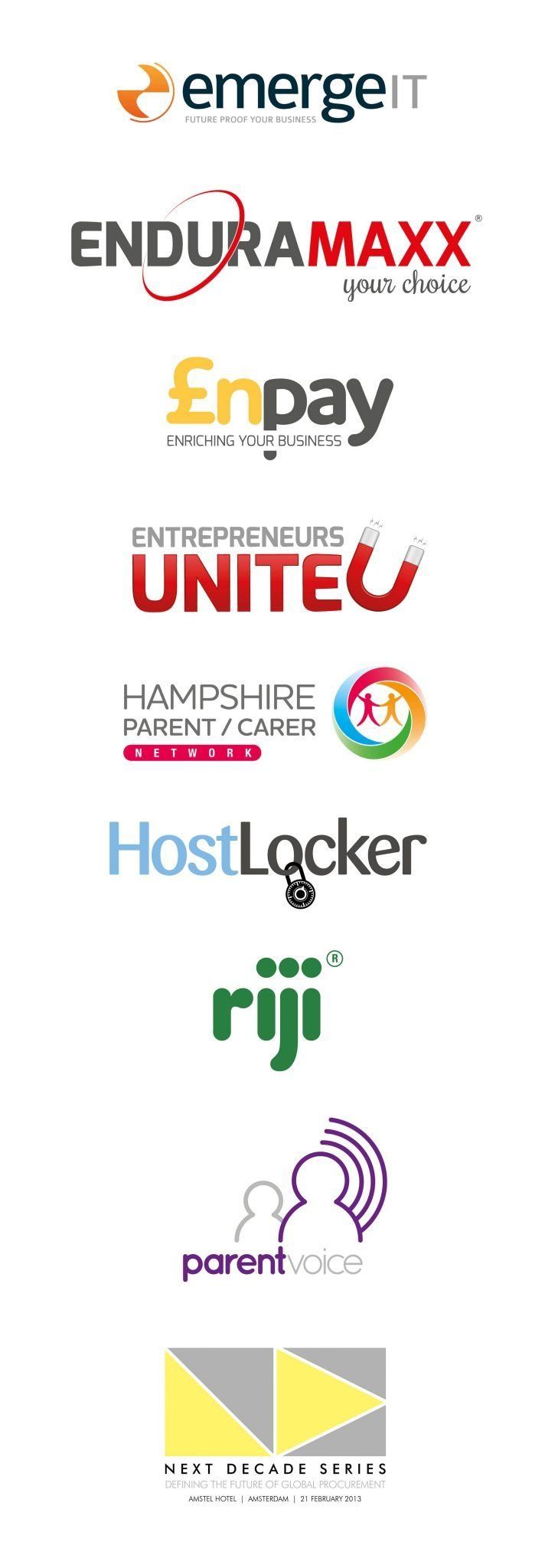 Collection of client logos including EmergeIT, Enduramaxx, Enpay and Hampshire Parent/Carer Network