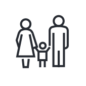Line drawing of a family: woman, child, and man standing together, holding hands.
