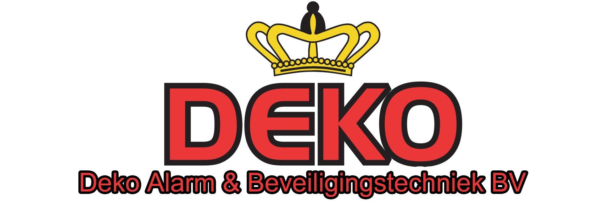 DEKO logo with red letters and a gold crown, labeled “Deko Alarm & Beveiligingstechniek BV”