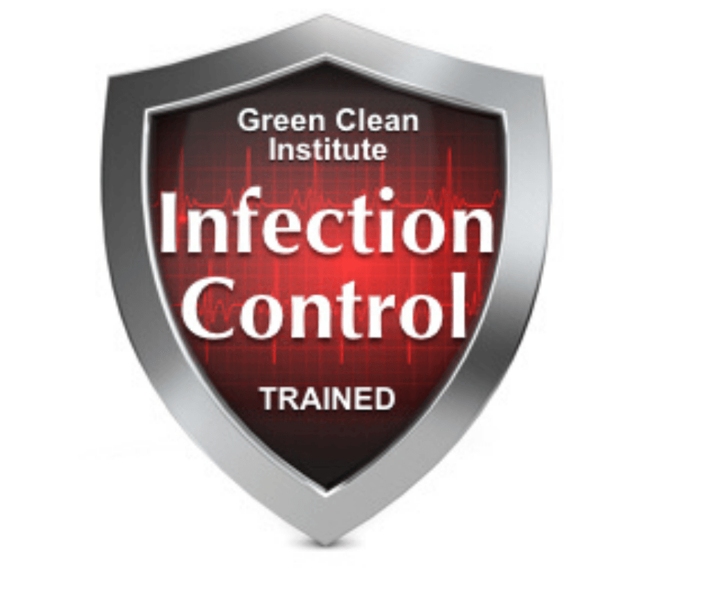 Shield logo reading “Green Clean Institute Infection Control Trained” in red, white, and black