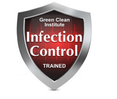 Shield logo reading “Green Clean Institute Infection Control Trained” in red, white, and black