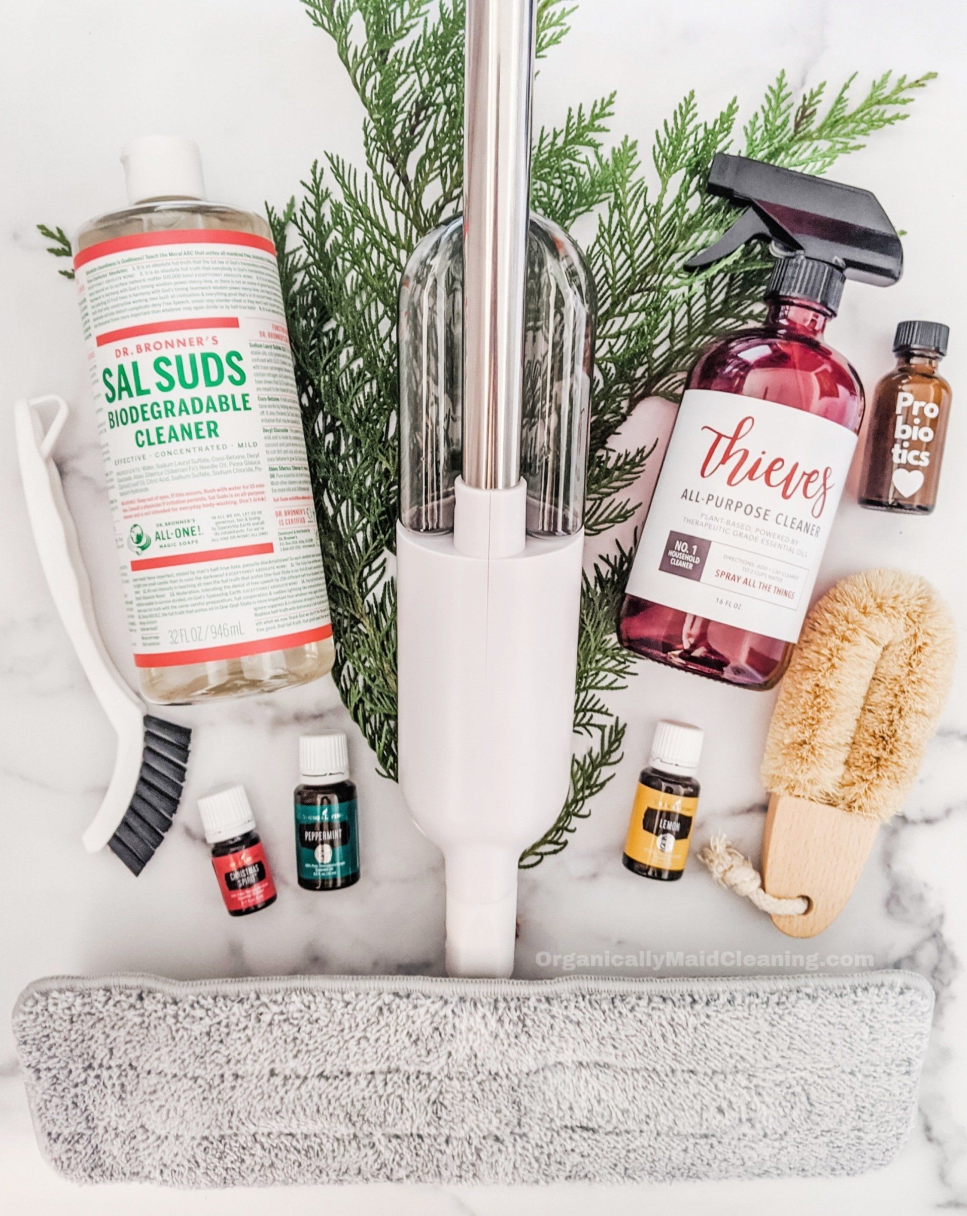 Cleaning supplies including Dr. Bronner's Sal Suds, a spray mop, a Thieves cleaner bottle, essential oils, and brushes.