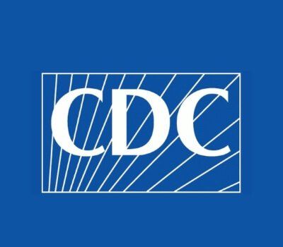 CDC logo in white on a blue background with a thin white rectangular border