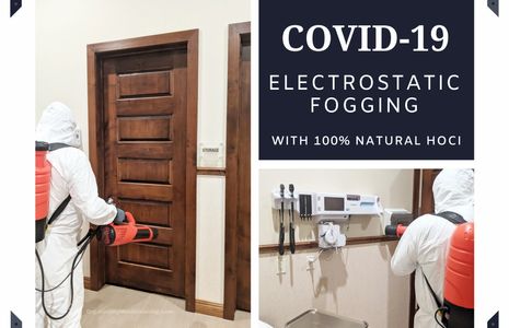 Worker in protective suit electrostatically fogging a room beside a wooden door; COVID-19 disinfection sign.