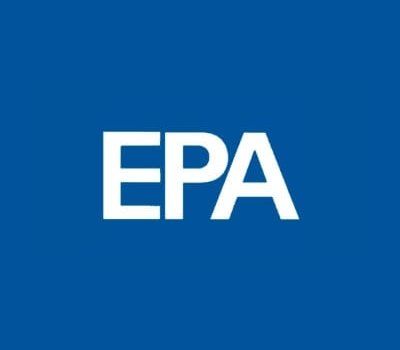 White EPA letters on a blue background.