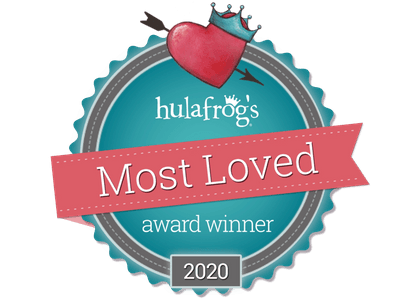 Hulafrog’s 2020 “Most Loved” award winner badge in teal, pink, and white with a heart icon