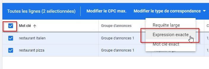 changer le type de correspondance
