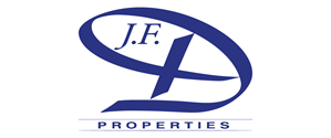 A blue and white logo for j.f. properties