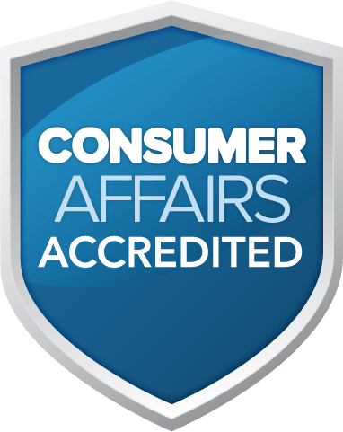 A blue shield with the words `` consumer affairs accredited '' on it.