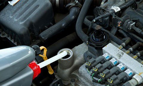 pouring oil in the vehicle oil tank