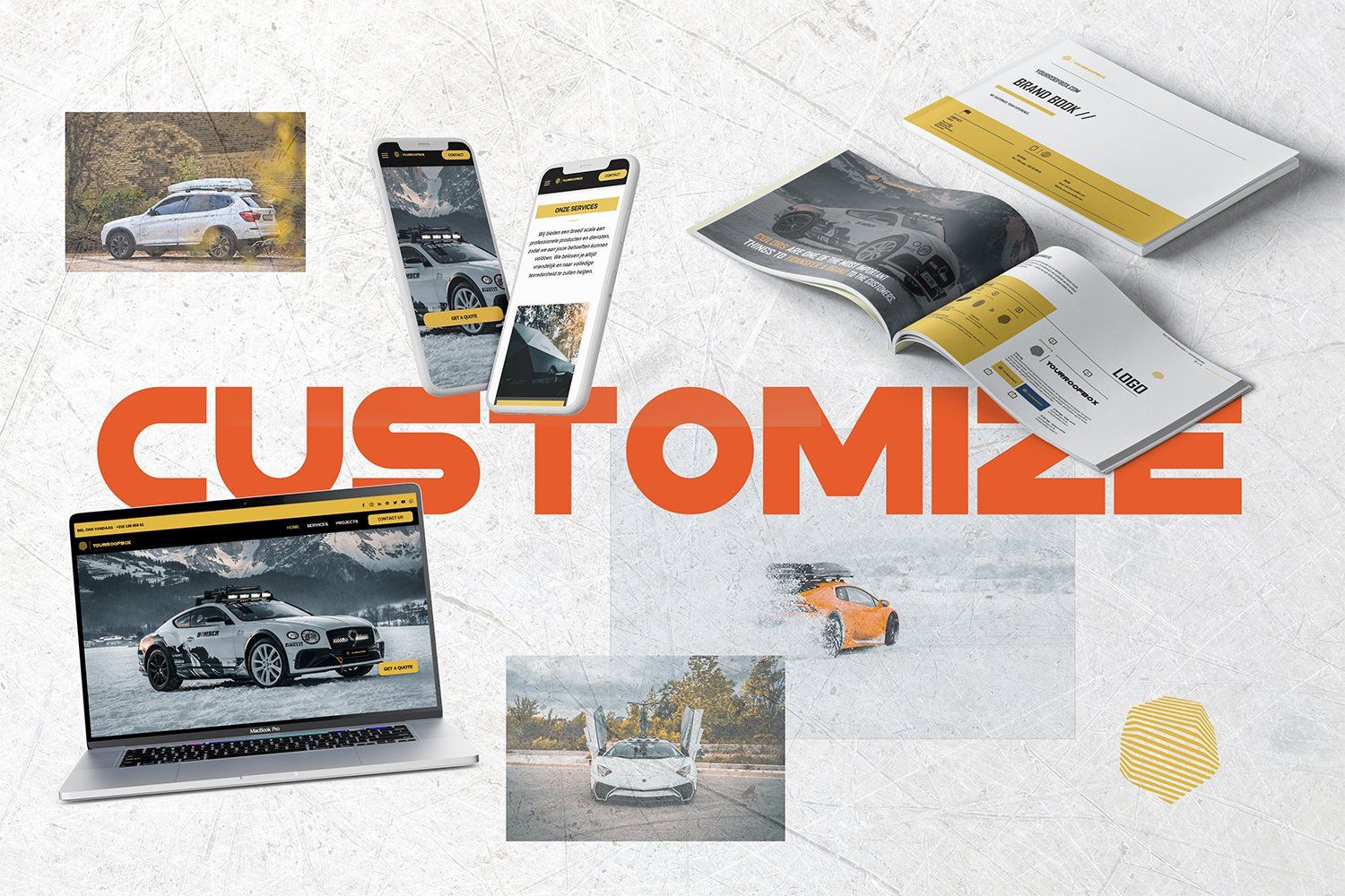 Witte SUV en mobiele website tonen visitekaartjes, een brochure en een laptop op een gestructureerde achtergrond, met het woord
