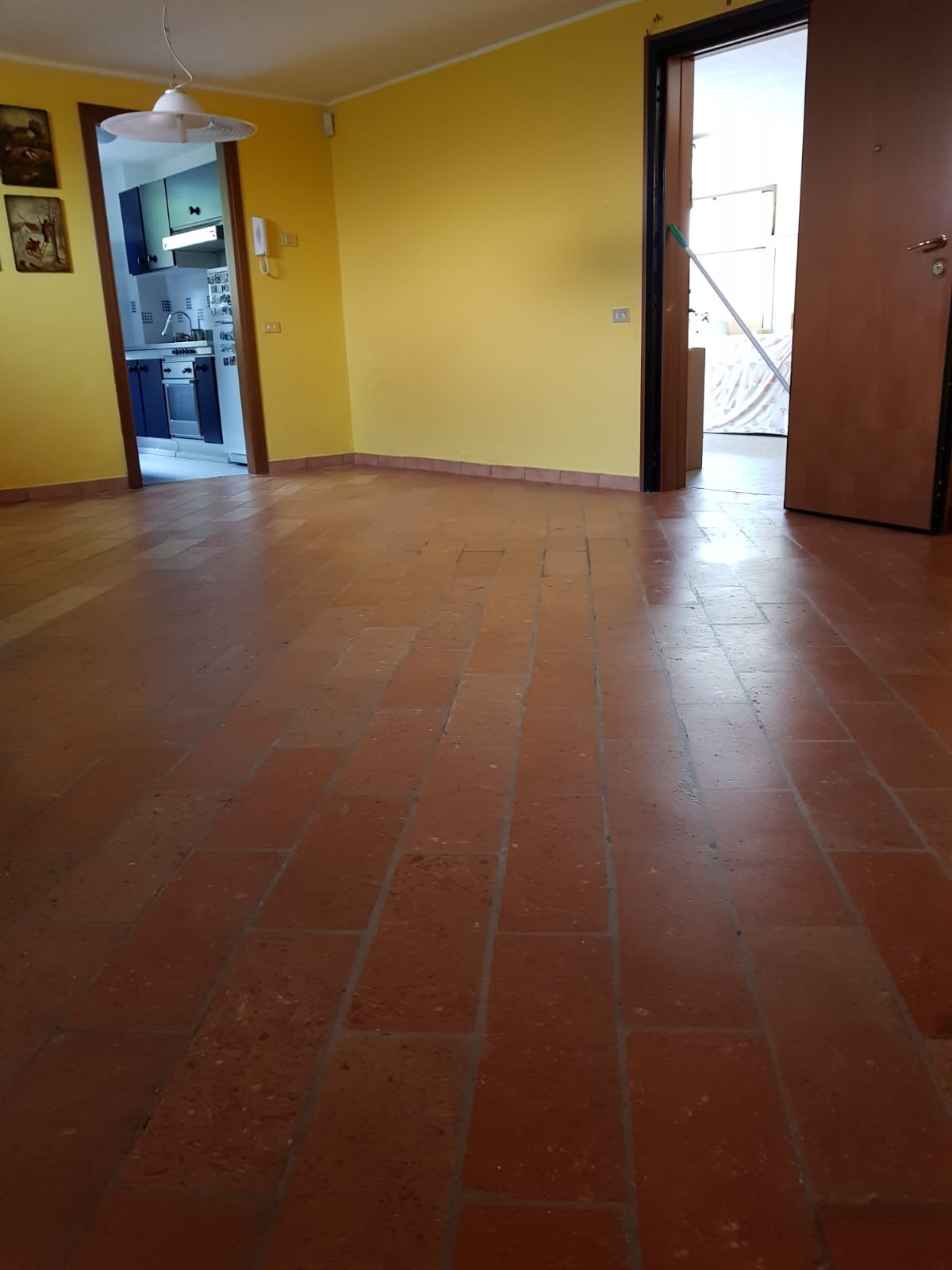 Empty room with terracotta tile floor, yellow walls, and two doorways.