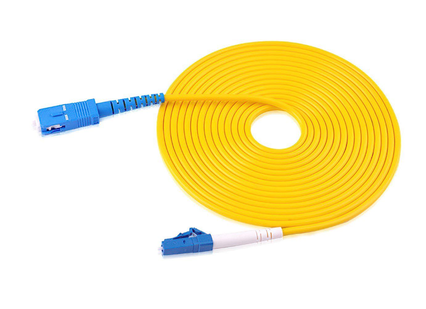 A yellow optical cable with a blue connector
