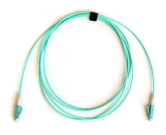 A green optical cable with two connectors on the ends