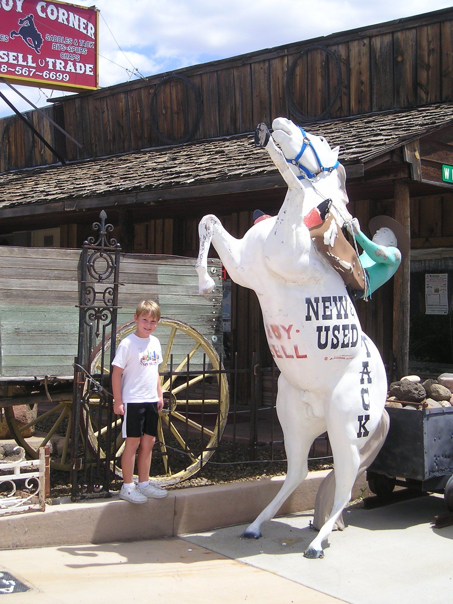 A statue of a horse that says new used on it