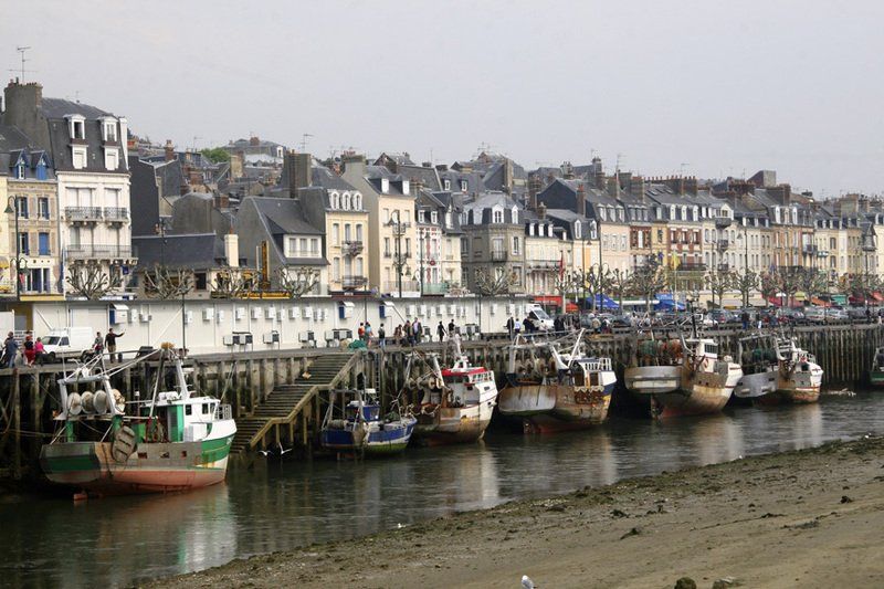 A row of boats are docked in a harbor with buildings in the background