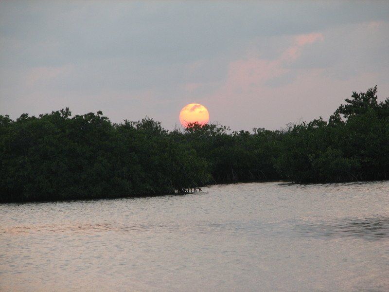 The sun is setting over a body of water