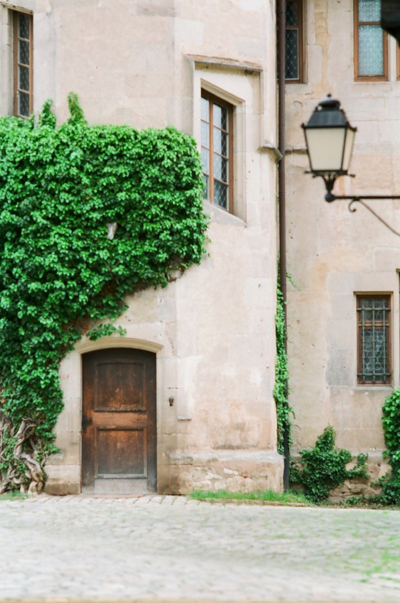 A building with a wooden door and ivy growing on it