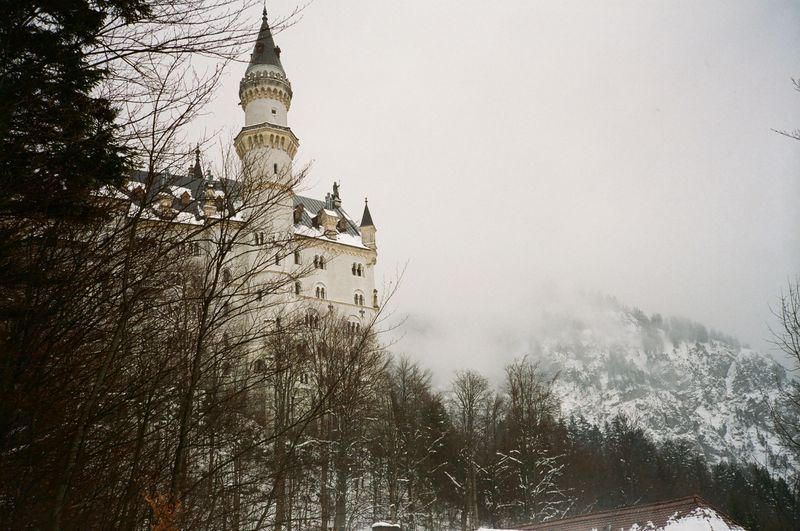 A large white castle is surrounded by snow covered trees and mountains.