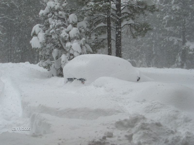 A car is covered in snow in a parking lot.