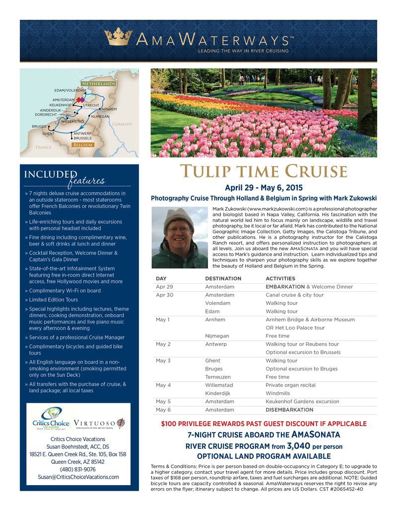 A brochure for a tulip time cruise with a picture of a man and flowers.