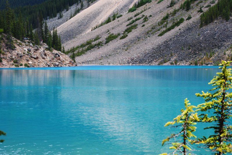 A blue lake surrounded by mountains and trees