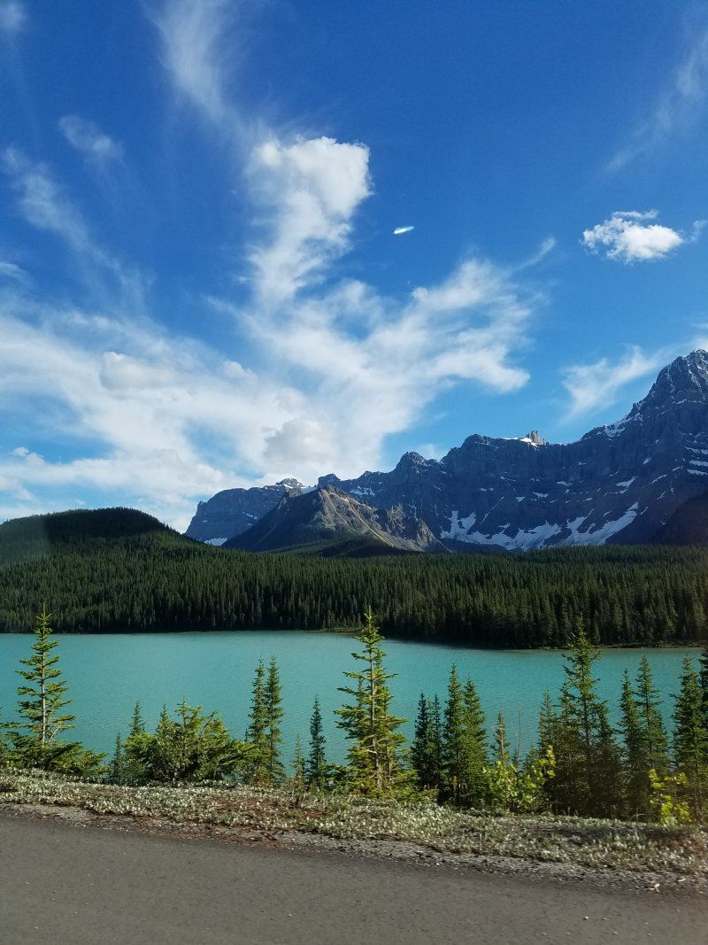 A lake in the middle of a forest with mountains in the background