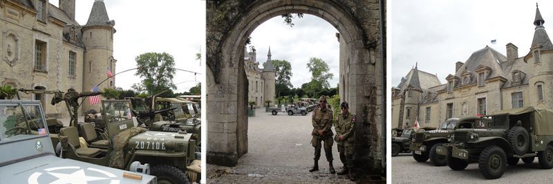 A group of military vehicles are parked in front of a castle.