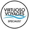 The logo for virtuoso voyages is a circle with a wave in it.