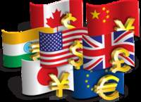A group of flags and currency symbols stacked on top of each other.