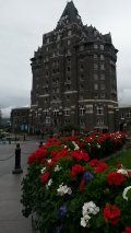 A large building with a lot of flowers in front of it.